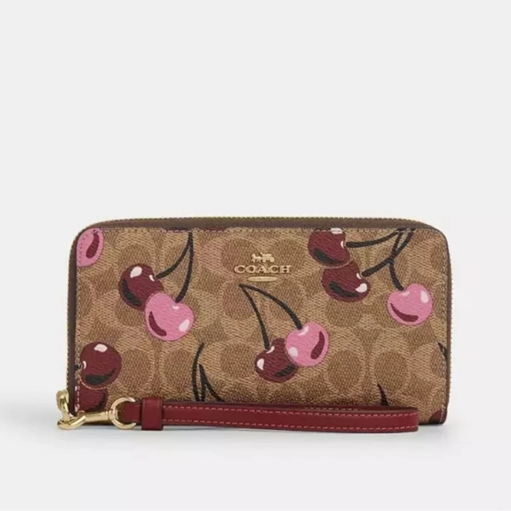 NWT Coach Long Zip Around Wallet In Signature Canvas With Cherry Print CZ328 🍒